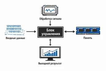 Абстрактная схема работы устройства: блок управления, входные данные, обработка сигнала, память и выходной результат.